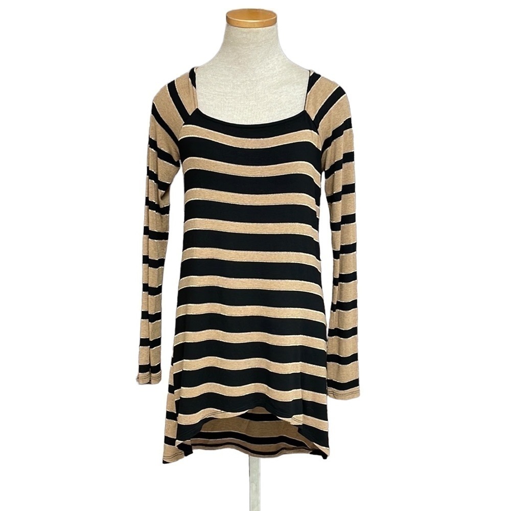 Ella Moss Tunic Top Hi Low T-Shirt Stripes Brown Black Gold Size Small
